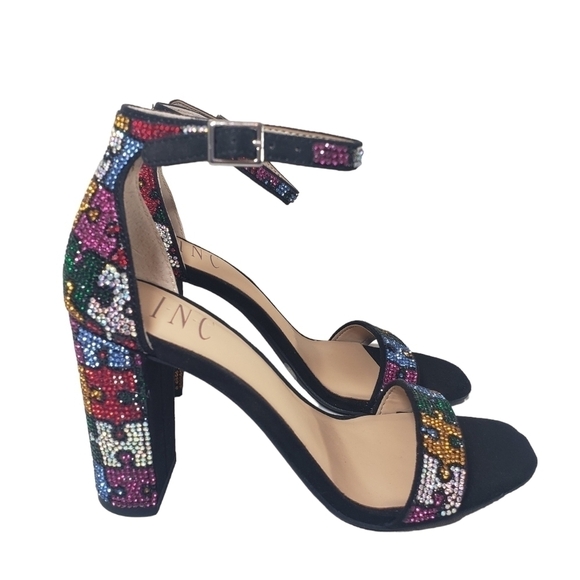 INC International Concepts Lexi Black Open Toe Buckle Rhinestone Puzzle Heels 5M - Picture 6 of 11